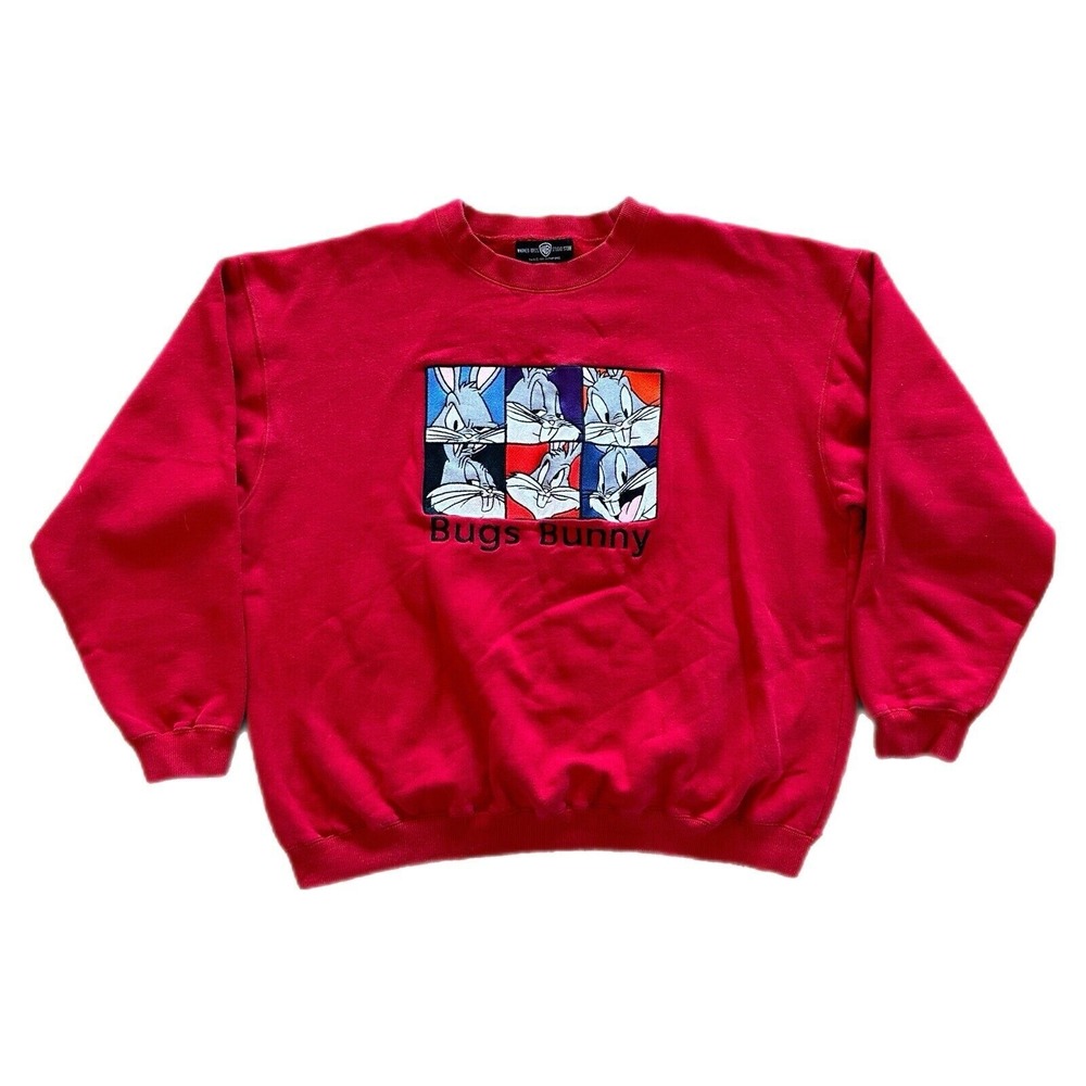 Vintage Looney Tunes Sweatshirt Mens XL Bugs Bunny Crewneck 90s Red‎ Fleece